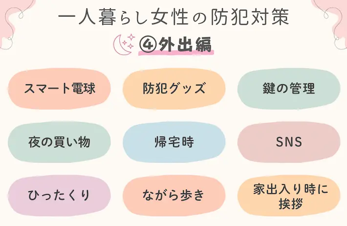 女性が特に狙われやすいのは帰宅時。夜遅くなる場合はさらにリスクが上がるので、対策を万全にする必要があります。